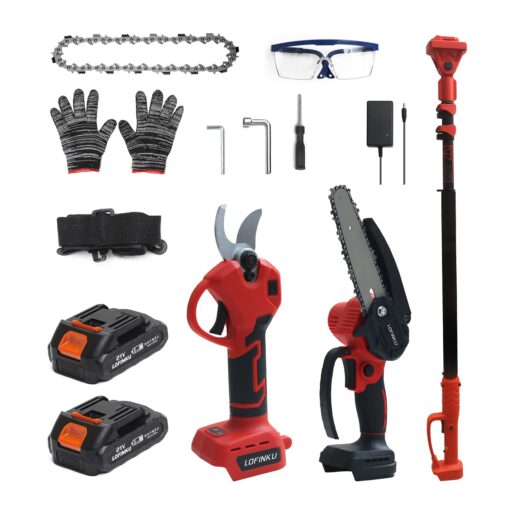 Electric Pruner Kit, 3 in 1, Max 8 ft, 2 Pcs Batteries, 6 inches cordless chainsaw & electric pruning shears with Max 8 ft Extension Pole, SK5 Blades RED