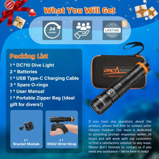 ORCATORCH DC710 Scuba Dive Light Type C Rechargeable, 3000 Lumens Super Bright Underwater Flashlight, IP68 Waterproof Submersible Torch with WS02 Wrist Strap Mount for Hands-Free Diving - Image 2