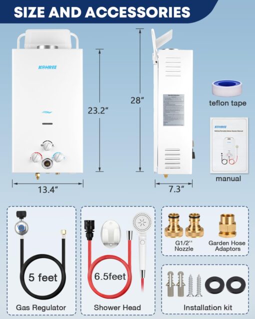 Kohree Tankless Water Heater Propane, 10L 2.64 GPM Portable Tankless Water Heater with Handle, On Demand Instant Hot Water Heater with Overheating Protection, for RV Camping, Pool, Barn & Cabin, White - Image 3