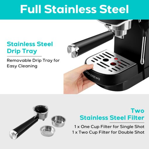CASABREWS Espresso Machine 20 Bar, Stainless Steel Espresso Maker with Milk Frother Steam Wand, Compact Cappuccino Machine for Home, Espresso Coffee Machine with Removable Water Tank, Black - Image 4