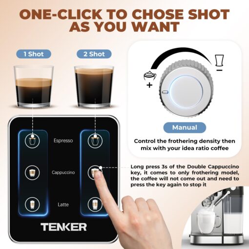 TENKER Espresso Machine 20 Bar, Cappuccino Machine with Automatic Milk Frother, Latte Machine in Stainless Steel Design, 1350W Touchscreen Coffee Maker for Home and Office (Silver) - Image 4