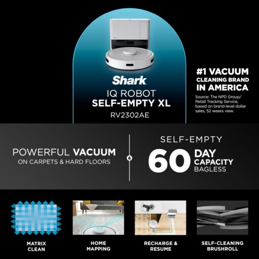 Shark IQ Robot Vacuum with Bagless Self-Empty 60 Day Capacity Base, Multi-Surface Cleaning, Powerful Suction, Pet Hair Pickup, for Carpets & Hardfloors, Home Mapping, White, RV2302AE - Image 2
