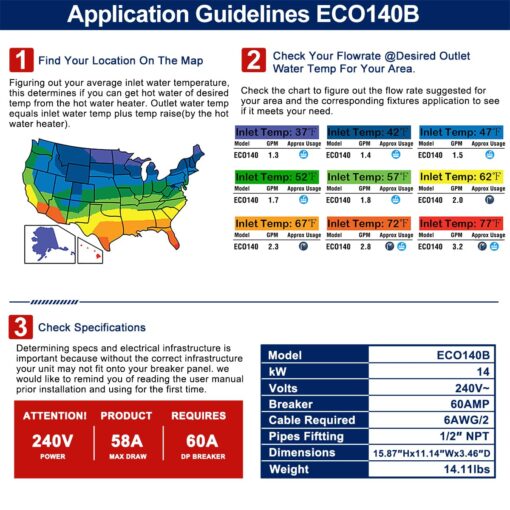 Electric Tankless Water Heater, ECOTOUCH 14kW Instant Hot Water Heater on Demand 240V Point of Use Hot Water Heater ETL Certificated Self-Modulation ECO140B Black - Image 2