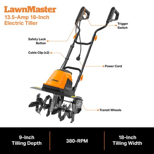 LawnMaster TE1318W1 Corded Electric Tiller 13.5-Amp 18-Inch Orange - Image 2