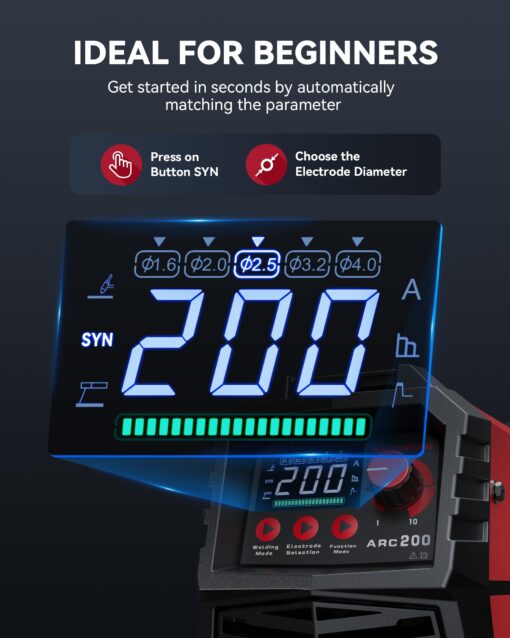 ARCCAPTAIN 200A Stick/Lift TIG Welder with Torch, [Large LED Display] 110V/220V Welding Machine with Synergic Control, IGBT Inverter, Portable MMA Welder Machine with Hot Start, Arc force - Image 8