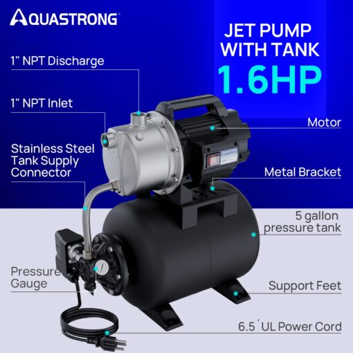 Aquastrong 1.6 HP Shallow Well Pump with Pressure Tank, 1320 GPH, 115V, Stainless Steel Irrigation, Automatic Water Booster Jet Pump for Home, Garden, Lawn - Image 5