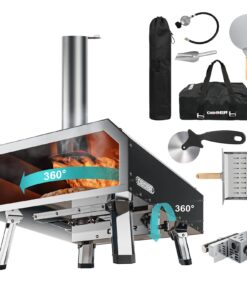 ABORON Portable Pizza Oven Outdoor, 16" Multi-Fuel/Wood Fired/Gas Rotatable Pizza Ovens/Pizza Makers, Stainless Steel 3-Layer, with Built-in Thermometer/Pizza Cutter/Carry Bag