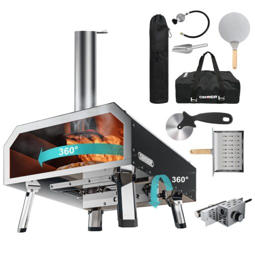 ABORON Portable Pizza Oven Outdoor, 16" Multi-Fuel/Wood Fired/Gas Rotatable Pizza Ovens/Pizza Makers, Stainless Steel 3-Layer, with Built-in Thermometer/Pizza Cutter/Carry Bag