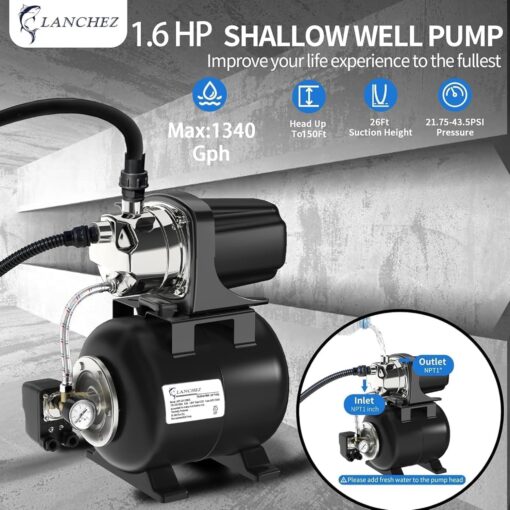 Lanchez 1.6 HP Shallow Well Pump with Pressure Tank, 1340 GPH Automatic Irrigation Water Booster Jet Pump, 115V Stainless Steel Water Transfer Pump for Home Garden Lawn Sprinkler Irrigation - Image 7