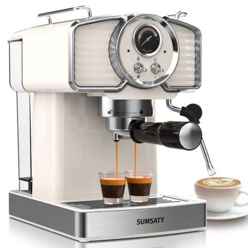 SUMSATY Espresso Machine 20 Bar, Professional Espresso Maker with Milk Frother Steamer Wand, Espresso Coffee Machine Off-white, Cappuccino & Latte Machine for Home, Retro, 1.8L Removable Water Tank