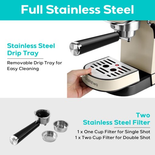 CASABREWS Espresso Machine 20 Bar, Espresso Maker with Milk Frother Steam Wand, Stainless Steel Espresso Coffee Machine with 34oz Removable Water Tank, Creamy - Image 3