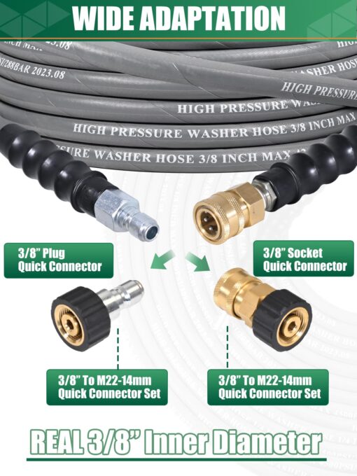 Coyardor 3/8" Pressure Washer Hose 150 FT 4500 PSI, Steel Braided Layer & NonMarking Rubber for Hot/Cold Water High Power Washer Replacement With 3/8 Inch Quick Connect & M22 Fitting, Industrial-grade - Image 3
