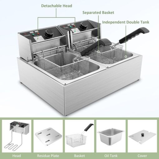 Commercial Deep Fryer, 3400W Electric Deep Fryers with 2x6.35QT Baskets 0.8mm Thickened Stainless Steel Countertop Oil Fryer 20.7QT Large Capacity with Temperature Limiter (12L) - Image 8