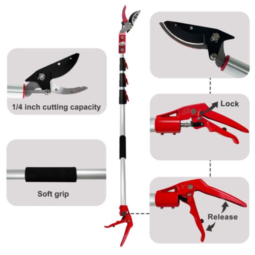 Prunrt 5.4-14.8 FT Tree Pruner Extendable 4 Sections, Telescopic Cut and Hold Trimmers Pole Saws Trimming Long Reach Pruning Shears Branch Cutter Clipper Bypass Lopper Fruit Picker - Image 6