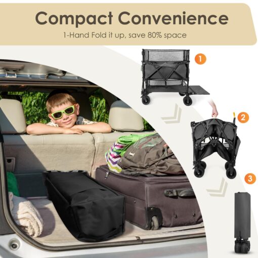 HOPERAN 550L XXL Foldable Double Decker Wagon-Greater Capacity,360° Adjustable Handle Heavy Duty 550LBS Collapsible Cart with 54" Extra Extender,All Terrain Double-Locking Brack Wheels (Black) - Image 3