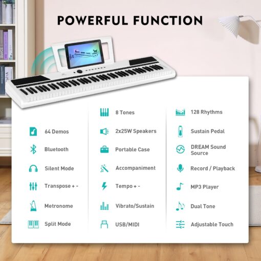 MUSTAR Digital Piano 88 Key Weighted with Stand, 88 Key Semi Weighted Keyboard Piano MEP-1400, Electric Piano Keyboard 88 Keys for Beginners, 2x25W Stereo Speakers, Case, Sustain Pedal, ABS, White - Image 6