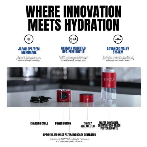 EVOLV Hydrogen Water Bottle Generator – 5.42PPM SPE/PEM Water Ionizer for High Hydrogen Concentration – Portable Hydrogenated Water Bottle for Energy & Inflammation Support– 8oz Bottle, Crimson - Image 5