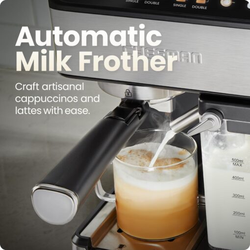 Chefman CaféMaster Pro Espresso Machine, Brew Single or Double Shots, Coffee Maker with Built-In Milk Frother for Cappuccino & Latte, XL 1.8 Liter Removable Water Reservoir - Stainless Steel - Image 5