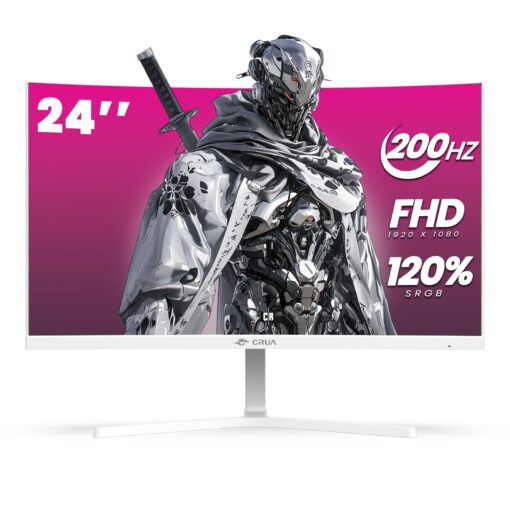 CRUA 24" Curved Gaming Monitor, 165Hz/200Hz Computer Monitor, FHD 1920x1080, 120% sRGB, AMD FreeSync, Blue Light Filter, for Gaming & Office, Wall Mountable- White