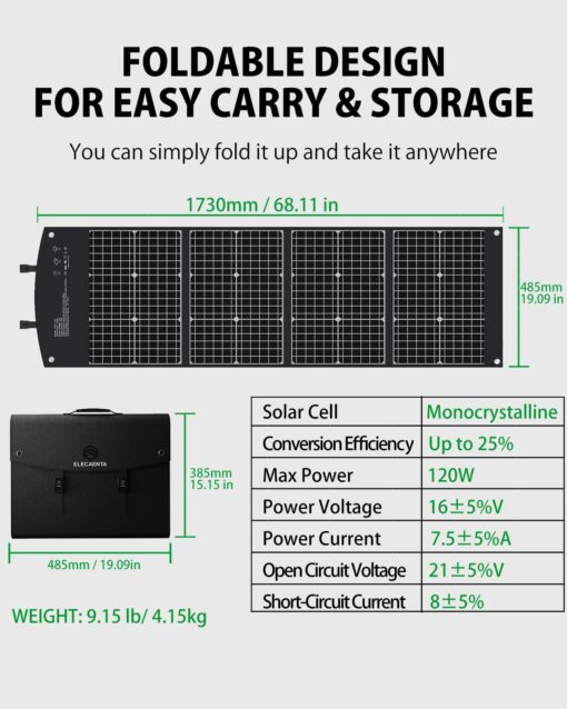 ELECAENTA 120W Portable Solar Panel for Power Station, 25% High Efficiency (3rd Gen 2024 Release), PD 45W USB C/DC/QC 3.0, Foldable Monocrystalline ETFE Solar Charger for Outdoors Camping Off Grid - Image 6