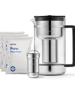 aarke Purifier Large - 1.66 L Glass Water Filter Pitcher Bundle, Refillable Stainless Steel Filter, BPA-Free, Includes (3-Pack) Refill Pure Granules, Reduce Heavy Metals