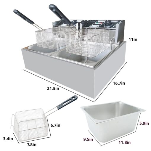 Commercial Deep Fryer with Baskets, 3400W 12.7QT/12L Thickened Stainless Steel Countertop Electric Oil Fryer, Large Capacity with Temperature Control - Image 3