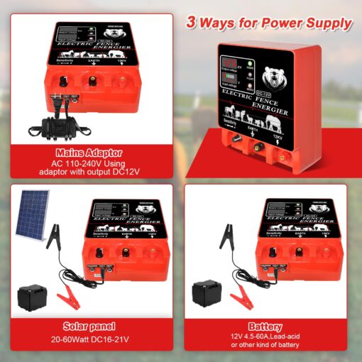 9J Electric Fence Charger Energizer, 9 Joules 400 Acres, AC DC 2 in 1 Powered Supply, Input 12V Output 12KV, with Display Alarm and Remote, Deter Predators, Contain Cattle Cow and Livestock - Image 4