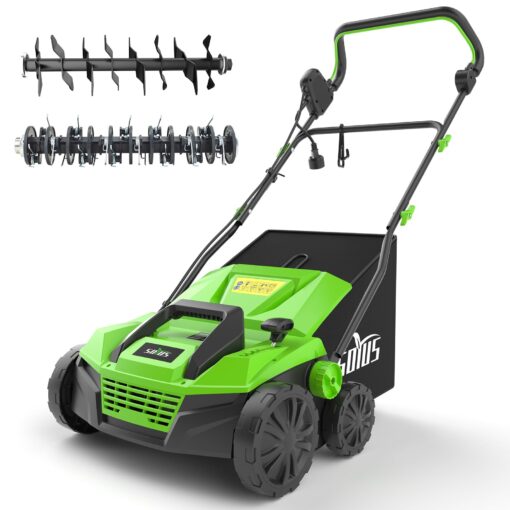 SOYUS 15-Inch 13-Amp Electric Dethatcher and Scarifier with 45L Removable Thath Collection Bag, Corded Lawn Dethatcher with 5-Position Depth Adjustment, Quick-Fold, Increases Lawn Health