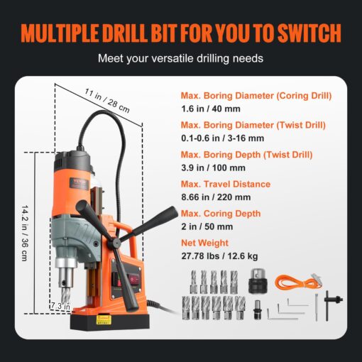 VEVOR Mag Drill Press, 1300W 1.57" Boring Diameter, 2922lbf Power Portable Magnetic Drill, 810 PRM, 11Pcs Drill Bits Electric Drilling Machine for Metal Surface, Industrial and Home Improvement - Image 4