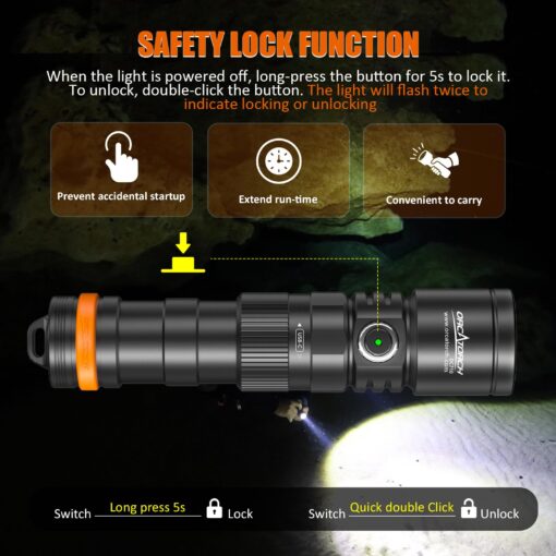 ORCATORCH DC710 Scuba Dive Light Type C Rechargeable, 3000 Lumens Super Bright Underwater Flashlight, IP68 Waterproof Submersible Torch with WS02 Wrist Strap Mount for Hands-Free Diving - Image 4