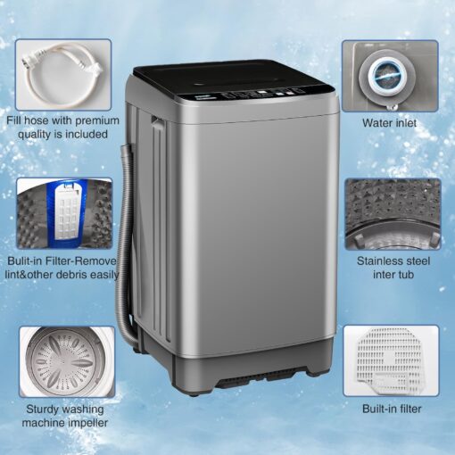 BINMIT 15.6lbs Full-Automatic Washing Machine, Portable Compact Laundry Washer with Drain Pump, 10 Programs 8 Water Levels with LED Display for RV, Camping, Apartment, Dorm, Dark-Grey - Image 3