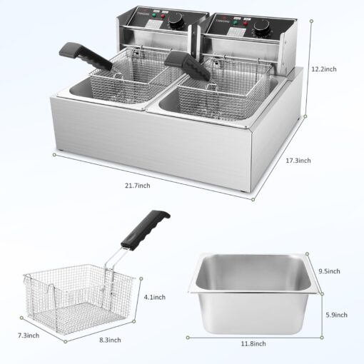 Commercial Deep Fryer, 3400W Electric Deep Fryers with 2x6.35QT Baskets 0.8mm Thickened Stainless Steel Countertop Oil Fryer 20.7QT Large Capacity with Temperature Limiter (12L) - Image 5