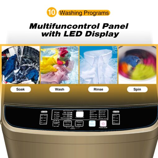 Portable Washing Machine, Full-Automatic Portable Washer 17lbs Compact Wash and Spin Combo with 10 Programs, Portable Washer with Drain Pump, Low Noise Washer for Dorm, Home, Apartment, RV(Gold) - Image 6