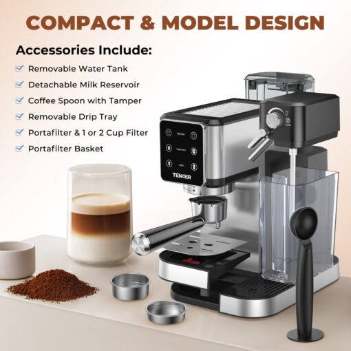 TENKER Espresso Machine 20 Bar, Cappuccino Machine with Automatic Milk Frother, Latte Machine in Stainless Steel Design, 1350W Touchscreen Coffee Maker for Home and Office (Silver) - Image 3