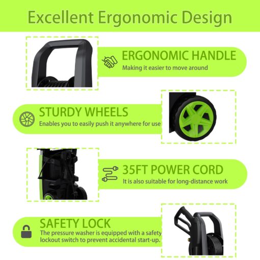 DECOKTOOL Electric Pressure Washer - 5000 PSI 3.0 GPM Power Washer with Touch Screen Adjustable Pressure, 35FT Power Cord and 4 Different Nozzles, Foam Cannon for Car, Garden, Yard, Green - Image 6