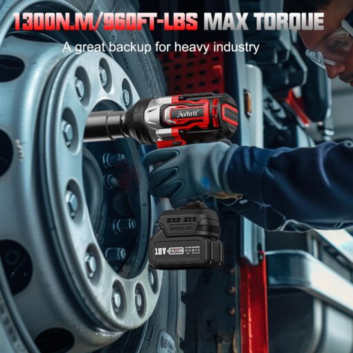 Avhrit 1300NM(960Ft-lbs) Cordless Impact Wrench 1/2 inch w/ 2x 5000mAh Battery, 1/2 Electric Impact Gun, Fast Charger, 4 Sockets, High Torque Impact Wrench for Car Truck, Heavy-duty Project - Image 9