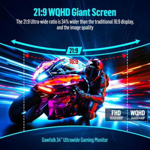 Gawfolk 34 Inch Ultrawide Curved Gaming Monitor, 1500R PC Screen 165hz UWQHD 3440x1440, Curved Computer Screen with FreeSync,Multi-Directional Adjustable Base - Image 4