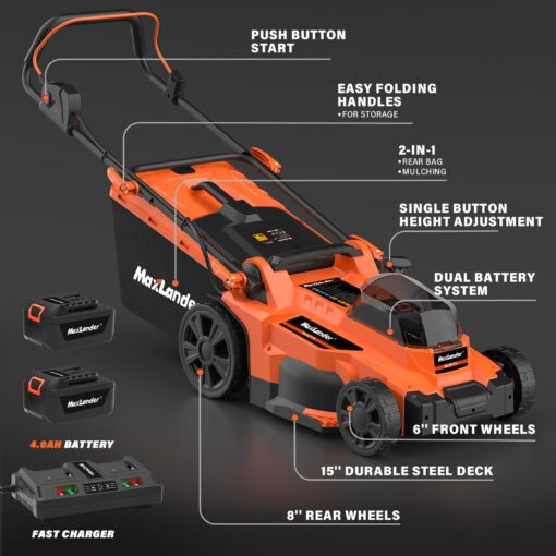Maxlander Lawn Mowers, 15Inch Electric Lawn Mower Cordless, 40V 2-in-1 Battery Powered Lawn Mower with Brushless Motor, 6-Position Height Adjustment, 2PCS 4.0Ah Batteries and Charger Included - Image 2