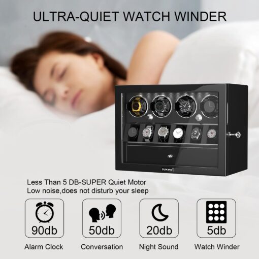 DUKWIN Watch Winder for 4 Automatic Watches, Watch Winders with Watch and Jewelry Storages, Super Quiet Mabuchi Motor with High-Gloss Piano Lacquer Finish,Built-in Illumination - Image 4