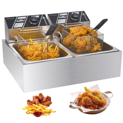 Commercial Deep Fryer with Baskets, 3400W 12.7QT/12L Thickened Stainless Steel Countertop Electric Oil Fryer, Large Capacity with Temperature Control, silver