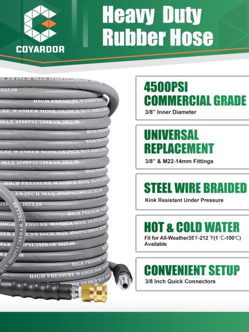 Coyardor 3/8" Pressure Washer Hose 125 FT 4500 PSI, Steel Braided Layer & NonMarking Rubber for Hot/Cold Water High Power Washer Replacement With 3/8 Inch Quick Connect & M22 Fitting, Industrial-grade - Image 7