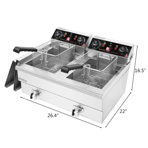 ROVSUN 24.9QT Electric Deep Fryer w/Frying Baskets Timer Drains & Lids, 3400W Dual Tank Kitchen Countertop Commercial Deep Fryer Frying Machine, Adjustable Temperature for Home Restaurant - Image 5