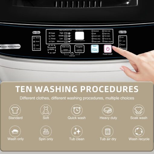 BINMIT 15.6lbs Full-Automatic Washing Machine, Portable Compact Laundry Washer with Drain Pump, 10 Programs 8 Water Levels with LED Display for RV, Camping, Apartment, Dorm, Dark-Grey - Image 4