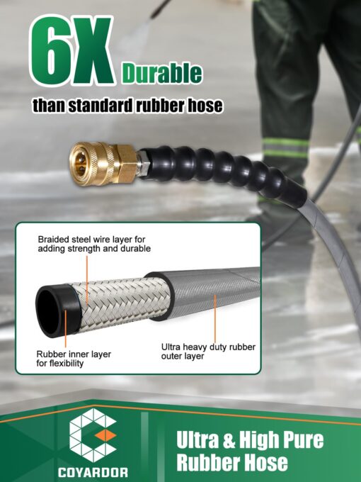 Coyardor 3/8" Pressure Washer Hose 125 FT 4500 PSI, Steel Braided Layer & NonMarking Rubber for Hot/Cold Water High Power Washer Replacement With 3/8 Inch Quick Connect & M22 Fitting, Industrial-grade - Image 6