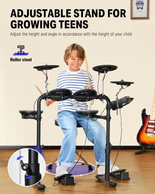Donner DED-70 Electric Drum Set with 4 Quiet Mesh Drum Pads, 2 Switch Pedal, Portable and Solid Drum Set with Type-C Charging, 68+ Sounds, Throne, Headphones, Sticks, Melodics Lessons - Image 6