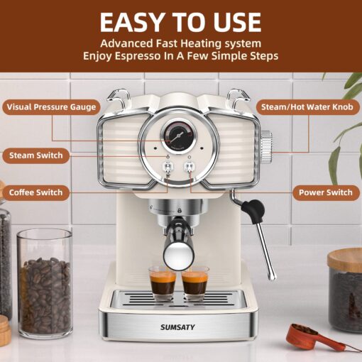 SUMSATY Espresso Machine 20 Bar, Professional Espresso Maker with Milk Frother Steamer Wand, Espresso Coffee Machine Off-white, Cappuccino & Latte Machine for Home, Retro, 1.8L Removable Water Tank - Image 5