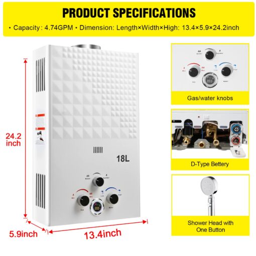 Tankless Water Heater Propane 4.74GPM 18L Outdoor Portable GasHot Water Heater Instant Propane Water Heater with Digital Display Multi-Protection for Camping Trips Boat - Image 8