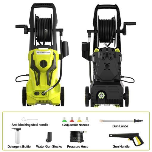Electric Pressure Washer - 4800PSImax 3.2GPM Power Washer Electric Powered with 25 FT Hose Reel 4 Interchangeable Nozzle & Foam Cannon, for Cars, Patios, and Floor Cleaning, Yellow - Image 5