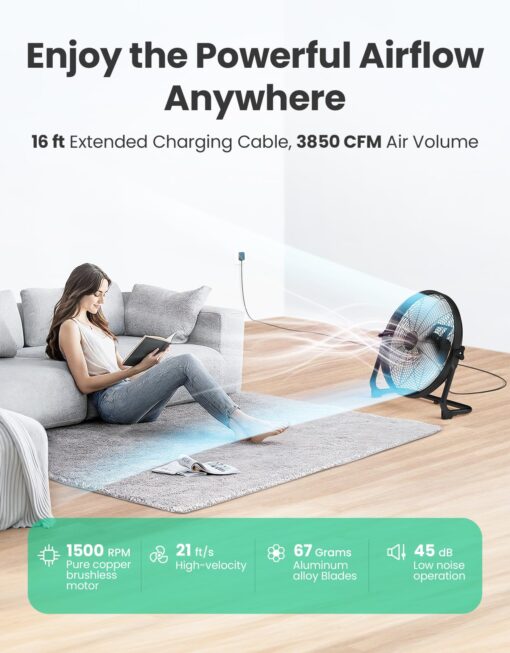 18" Portable Battery Operated Fan, Rechargeable Floor Fan, Hi-Velocity Cordless Camping Fan, Hi-Airflow Industrial Wireless Fan, Quiet Fan, USB Phone Charge, 12-60H Runtime, For Home, Outdoor, Garage - Image 6