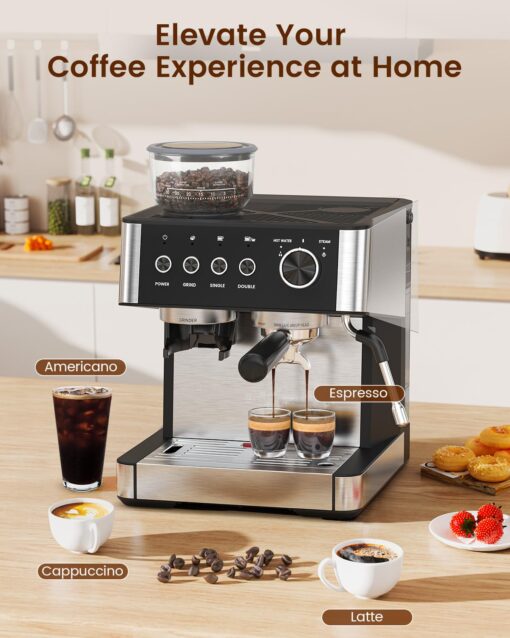 Espresso Machine with Grinder, 20 Bar Expresso Coffee Machines with Milk Frother Steam Wand, Professional Espresso Maker with Removable Water Tank, Cappuccino & Latte Machine for Home - Image 7